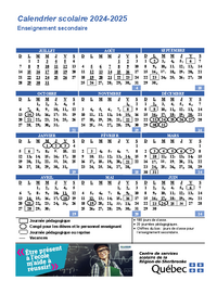 Calendrier scolaire 2024-2025 - Enseignement secondaire